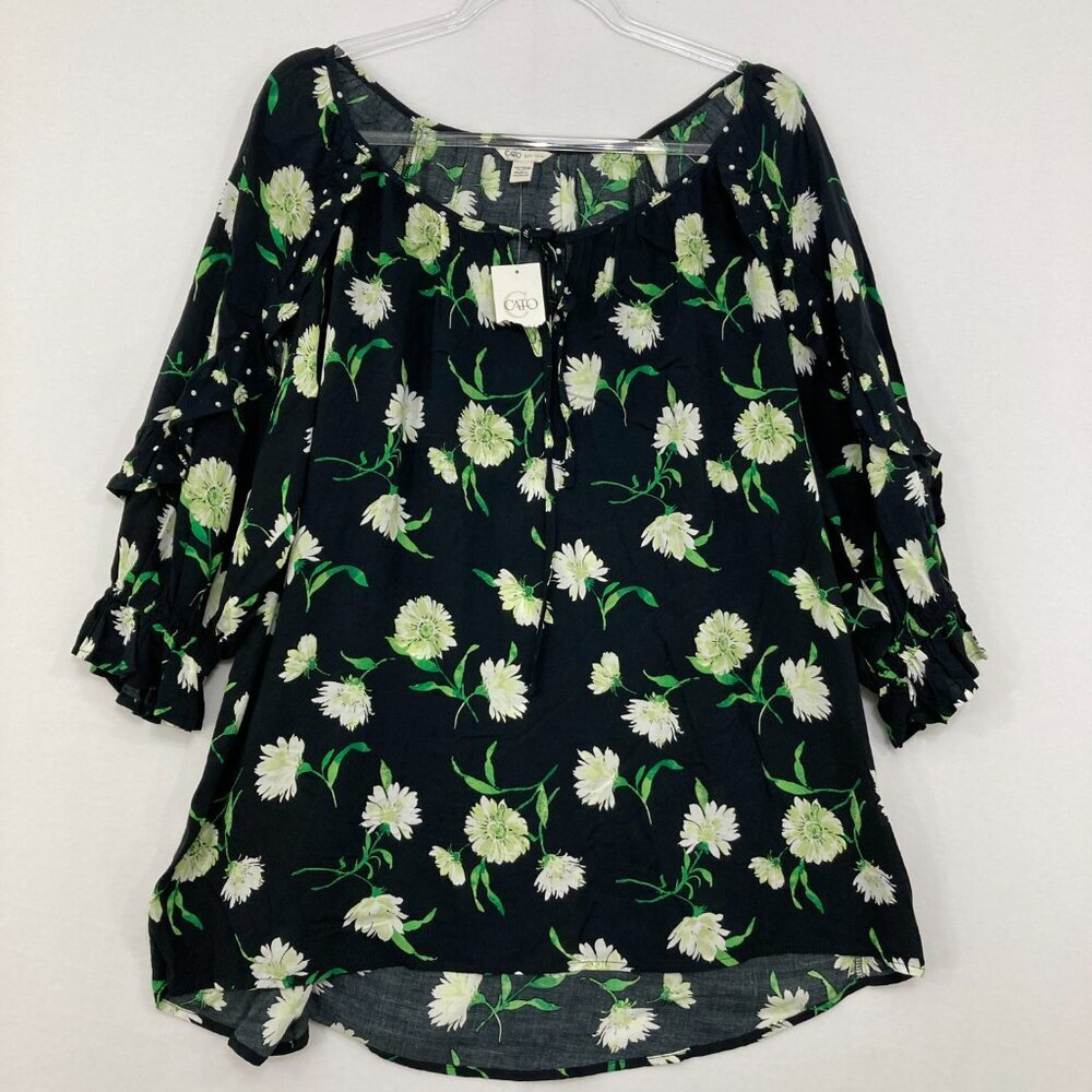 New Cato size 14W/16W Navy Green Floral Ultra Soft Rayon Tie Front Blouse Summer